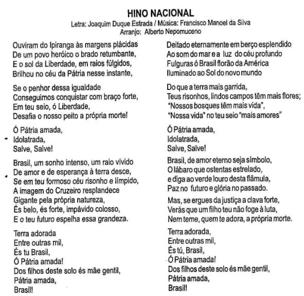 Letra hino nacional